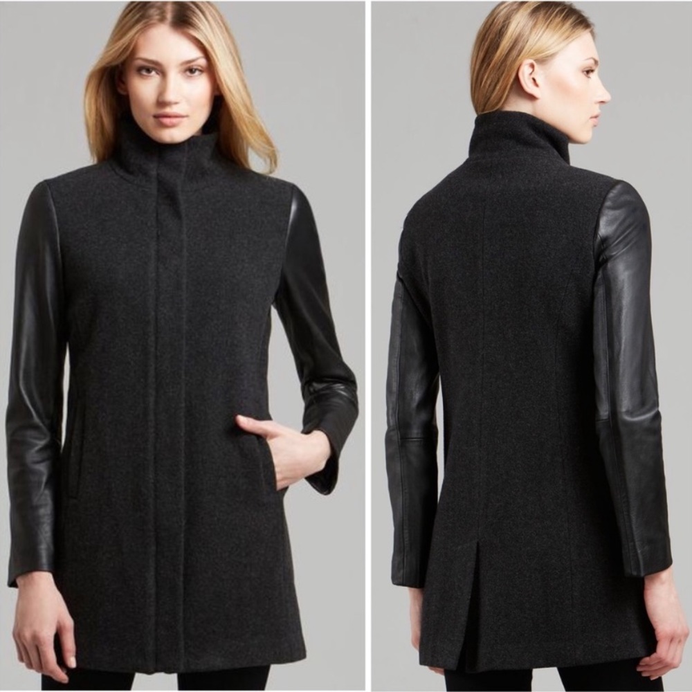 Eileen Fisher -High Collar Coat with Leather Sleeves in Charcoal